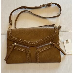 NEW Moda Luxe Brown Fringe Faux Leather Crossbody Bag Shoulder Purse Braid Trim‎